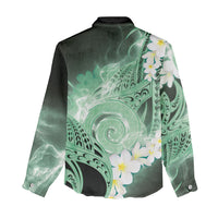 Piko Hawaiian Women Casual Shirt Green Galaxy Spiral Plumeria Tribal Patterns