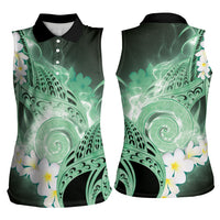 Piko Hawaiian Women Sleeveless Polo Shirt Green Galaxy Spiral Plumeria Tribal Patterns