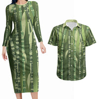 Personalised Fiji Language Week Sugarcane Masi Couples Matching Long Sleeve Bodycon Dress and Hawaiian Shirt Green Tapa Tribal Pattern