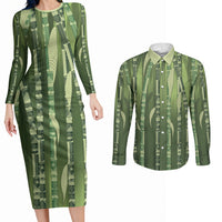 Personalised Fiji Language Week Sugarcane Masi Couples Matching Long Sleeve Bodycon Dress and Long Sleeve Button Shirt Green Tapa Tribal Pattern