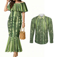 Personalised Fiji Language Week Sugarcane Masi Couples Matching Mermaid Dress and Long Sleeve Button Shirt Green Tapa Tribal Pattern
