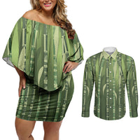 Personalised Fiji Language Week Sugarcane Masi Couples Matching Off Shoulder Short Dress and Long Sleeve Button Shirt Green Tapa Tribal Pattern