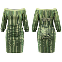 Personalised Fiji Language Week Sugarcane Masi Couples Matching Off The Shoulder Long Sleeve Dress and Hawaiian Shirt Green Tapa Tribal Pattern