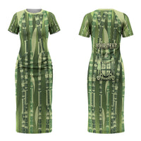 Personalised Fiji Language Week Sugarcane Masi Couples Matching Short Sleeve Bodycon Dress and Long Sleeve Button Shirt Green Tapa Tribal Pattern