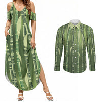 Personalised Fiji Language Week Sugarcane Masi Couples Matching Summer Maxi Dress and Long Sleeve Button Shirt Green Tapa Tribal Pattern