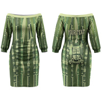 Personalised Fiji Language Week Sugarcane Masi Family Matching Off The Shoulder Long Sleeve Dress and Hawaiian Shirt Green Tapa Tribal Pattern