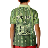 Personalised Fiji Language Week Sugarcane Masi Kid Polo Shirt Green Tapa Tribal Pattern
