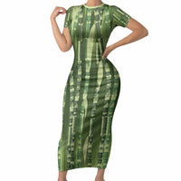 Personalised Fiji Language Week Sugarcane Masi Short Sleeve Bodycon Dress Green Tapa Tribal Pattern
