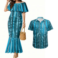 Personalised Fiji Language Week Sugarcane Masi Couples Matching Mermaid Dress and Hawaiian Shirt Blue Tapa Tribal Pattern