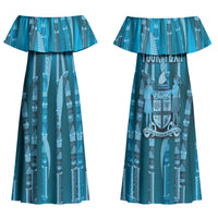 Personalised Fiji Language Week Sugarcane Masi Couples Matching Off Shoulder Maxi Dress and Hawaiian Shirt Blue Tapa Tribal Pattern