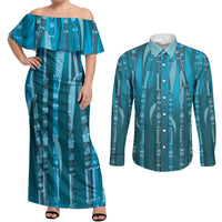 Personalised Fiji Language Week Sugarcane Masi Couples Matching Off Shoulder Maxi Dress and Long Sleeve Button Shirt Blue Tapa Tribal Pattern