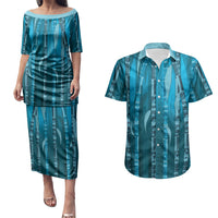 Personalised Fiji Language Week Sugarcane Masi Couples Matching Puletasi and Hawaiian Shirt Blue Tapa Tribal Pattern