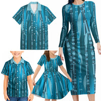 Personalised Fiji Language Week Sugarcane Masi Family Matching Long Sleeve Bodycon Dress and Hawaiian Shirt Blue Tapa Tribal Pattern
