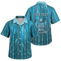 Personalised Fiji Language Week Sugarcane Masi Family Matching Long Sleeve Bodycon Dress and Hawaiian Shirt Blue Tapa Tribal Pattern