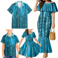 Personalised Fiji Language Week Sugarcane Masi Family Matching Mermaid Dress and Hawaiian Shirt Blue Tapa Tribal Pattern