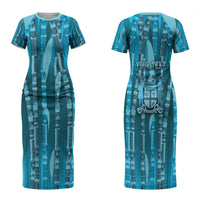 Personalised Fiji Language Week Sugarcane Masi Family Matching Short Sleeve Bodycon Dress and Hawaiian Shirt Blue Tapa Tribal Pattern