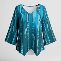 Personalised Fiji Language Week Sugarcane Masi Kimono Sleeve Blouse Blue Tapa Tribal Pattern