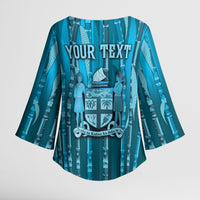 Personalised Fiji Language Week Sugarcane Masi Kimono Sleeve Blouse Blue Tapa Tribal Pattern