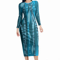 Personalised Fiji Language Week Sugarcane Masi Long Sleeve Bodycon Dress Blue Tapa Tribal Pattern