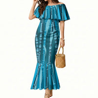 Personalised Fiji Language Week Sugarcane Masi Mermaid Dress Blue Tapa Tribal Pattern
