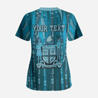 Personalised Fiji Language Week Sugarcane Masi Scrub Top Blue Tapa Tribal Pattern
