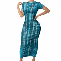 Personalised Fiji Language Week Sugarcane Masi Short Sleeve Bodycon Dress Blue Tapa Tribal Pattern