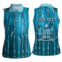 Personalised Fiji Language Week Sugarcane Masi Women Sleeveless Polo Shirt Blue Tapa Tribal Pattern
