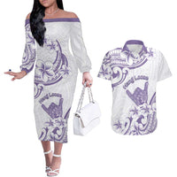 Aloha Hawaii Shaka Couples Matching Off The Shoulder Long Sleeve Dress and Hawaiian Shirt Hang Loose Purple Version - Polynesian Pride