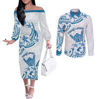 Aloha Hawaii Shaka Couples Matching Off The Shoulder Long Sleeve Dress and Long Sleeve Button Shirt Hang Loose Blue Version - Polynesian Pride