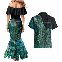 Personalised New Zealand Dart Couples Matching Mermaid Dress and Hawaiian Shirt Maori Fern With Paua Shell - Polynesian Pride
