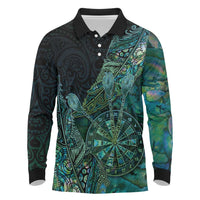 Personalised New Zealand Dart Long Sleeve Polo Shirt Maori Fern With Paua Shell - Polynesian Pride