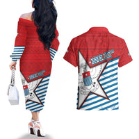 West Papua Morning Star Couples Matching Off The Shoulder Long Sleeve Dress and Hawaiian Shirt One People One Soul - Polynesian Pride