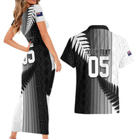 Custom New Zealand Football Couples Matching Short Sleeve Bodycon Dress and Hawaiian Shirt Silver Fern Maori Pattern Monochrome