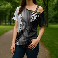 Custom New Zealand Football Cross Shoulder Shirt Silver Fern Maori Pattern Monochrome