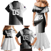 Custom New Zealand Football Family Matching Mermaid Dress and Hawaiian Shirt Silver Fern Maori Pattern Monochrome
