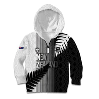 Custom New Zealand Football Kid Hoodie Silver Fern Maori Pattern Monochrome