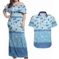 Hawaii Christmas In July Couples Matching Off Shoulder Maxi Dress and Hawaiian Shirt Sky Blue Mele Kalikimaka Sea Animals