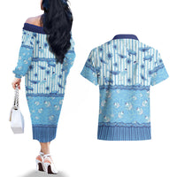 Hawaii Christmas In July Couples Matching Off The Shoulder Long Sleeve Dress and Hawaiian Shirt Sky Blue Mele Kalikimaka Sea Animals