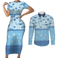 Hawaii Christmas In July Couples Matching Short Sleeve Bodycon Dress and Long Sleeve Button Shirt Sky Blue Mele Kalikimaka Sea Animals