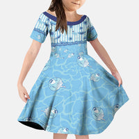 Hawaii Christmas In July Family Matching Off The Shoulder Long Sleeve Dress and Hawaiian Shirt Sky Blue Mele Kalikimaka Sea Animals