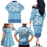 Hawaii Christmas In July Family Matching Off The Shoulder Long Sleeve Dress and Hawaiian Shirt Sky Blue Mele Kalikimaka Sea Animals