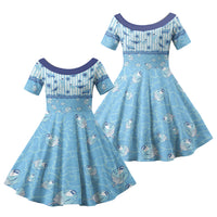 Hawaii Christmas In July Family Matching Off The Shoulder Long Sleeve Dress and Hawaiian Shirt Sky Blue Mele Kalikimaka Sea Animals DT05 Daughter's Dress Blue - Polynesian Pride