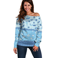 Hawaii Christmas In July Off Shoulder Sweater Sky Blue Mele Kalikimaka Sea Animals