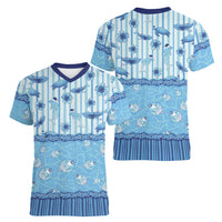 Hawaii Christmas In July Women V-Neck T-Shirt Sky Blue Mele Kalikimaka Sea Animals