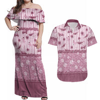 Hawaii Christmas In July Couples Matching Off Shoulder Maxi Dress and Hawaiian Shirt Dusty Pink Mele Kalikimaka Sea Animals