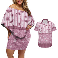 Hawaii Christmas In July Couples Matching Off Shoulder Short Dress and Hawaiian Shirt Dusty Pink Mele Kalikimaka Sea Animals
