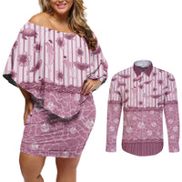 Hawaii Christmas In July Couples Matching Off Shoulder Short Dress and Long Sleeve Button Shirt Dusty Pink Mele Kalikimaka Sea Animals