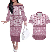 Hawaii Christmas In July Couples Matching Off The Shoulder Long Sleeve Dress and Hawaiian Shirt Dusty Pink Mele Kalikimaka Sea Animals