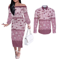 Hawaii Christmas In July Couples Matching Off The Shoulder Long Sleeve Dress and Long Sleeve Button Shirt Dusty Pink Mele Kalikimaka Sea Animals