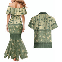 Hawaii Christmas In July Couples Matching Mermaid Dress and Hawaiian Shirt Olive Green Mele Kalikimaka Sea Animals